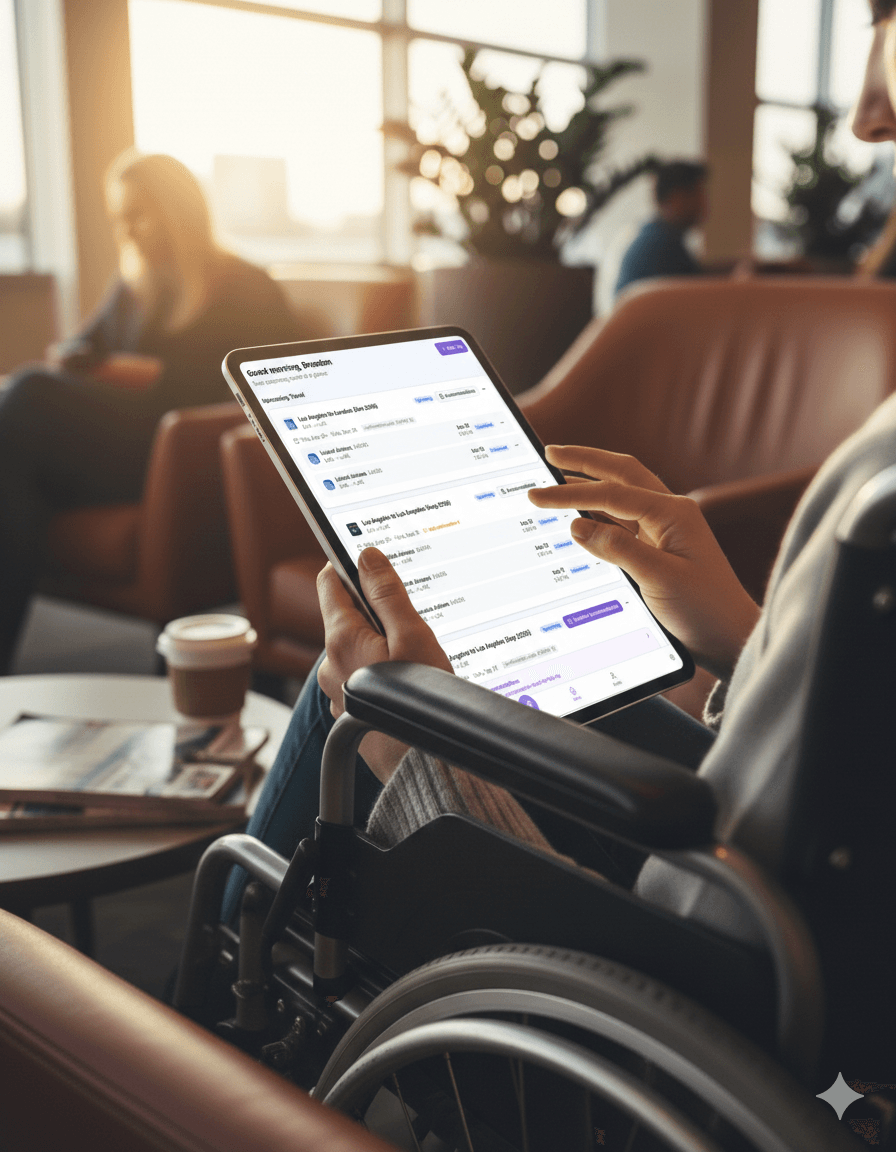 Person in wheelchair using a tablet to set up their accessibility profile in an airport lounge