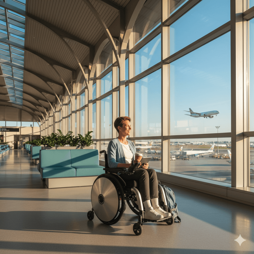 Woman in wheelchair at airport terminal looking at planes taking off - representing independence in air travel