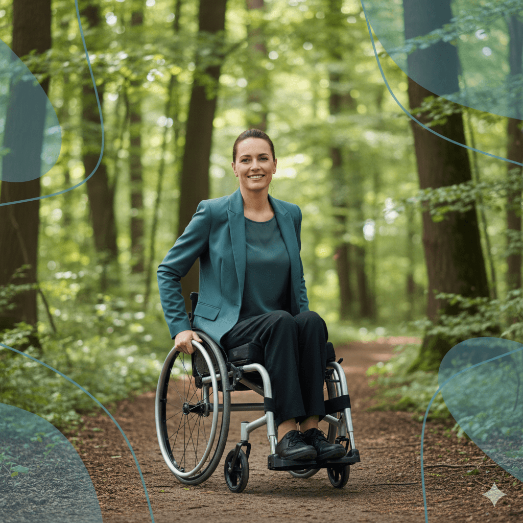 Woman riding wheelchair near trees - representing independence and accessibility in healthcare